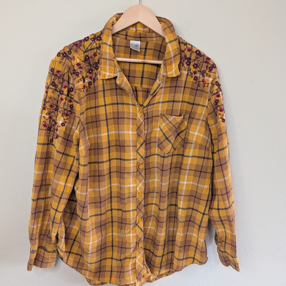 Terra & Sky Tops - Terra & Sky Womens 1X Plaid Button Up Shirt Mustard Floral Embroidered Cotton‎